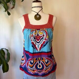 Blue Plate Boho Crochet Trim Psychedelic‎ Print Cotton Tank Top Blue Red Medium